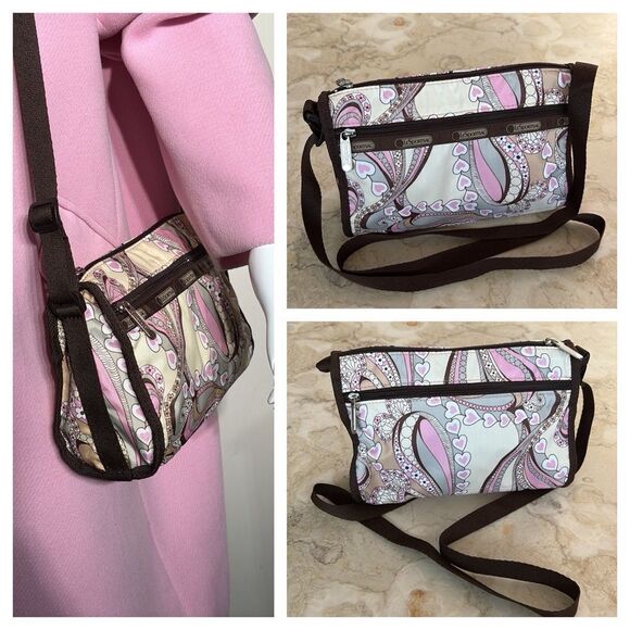 NWOT LeSPORTSAC Deluxe Everyday  Crossbody Bag Brown Pink Paisley Hearts - Picture 1 of 16